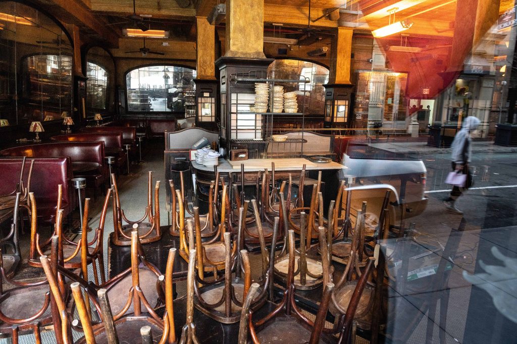 The interior of the restaurant Balthazar in New York. All bars, restaurants and nightclubs were ordered shut by Governor Cuomo, effectively putting New York City under lockdown to combat the COVID-19 coronavirus. NYC, March 17, 2020.